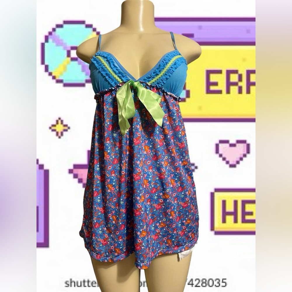 Victoria's Secret Blue Floral Chemise with Green Accents